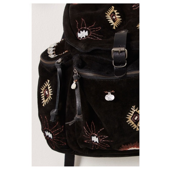 Free People Versailles Suede Black And Gold Embroidered Backpack NWT - Picture 5 of 11